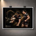 Unframed Kotoni Staggs Brisbane Broncos rugby league wall art print featuring two action portraits on a black and gold design.