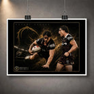 Unframed Kotoni Staggs Brisbane Broncos rugby league wall art print featuring two action portraits on a black and gold design.