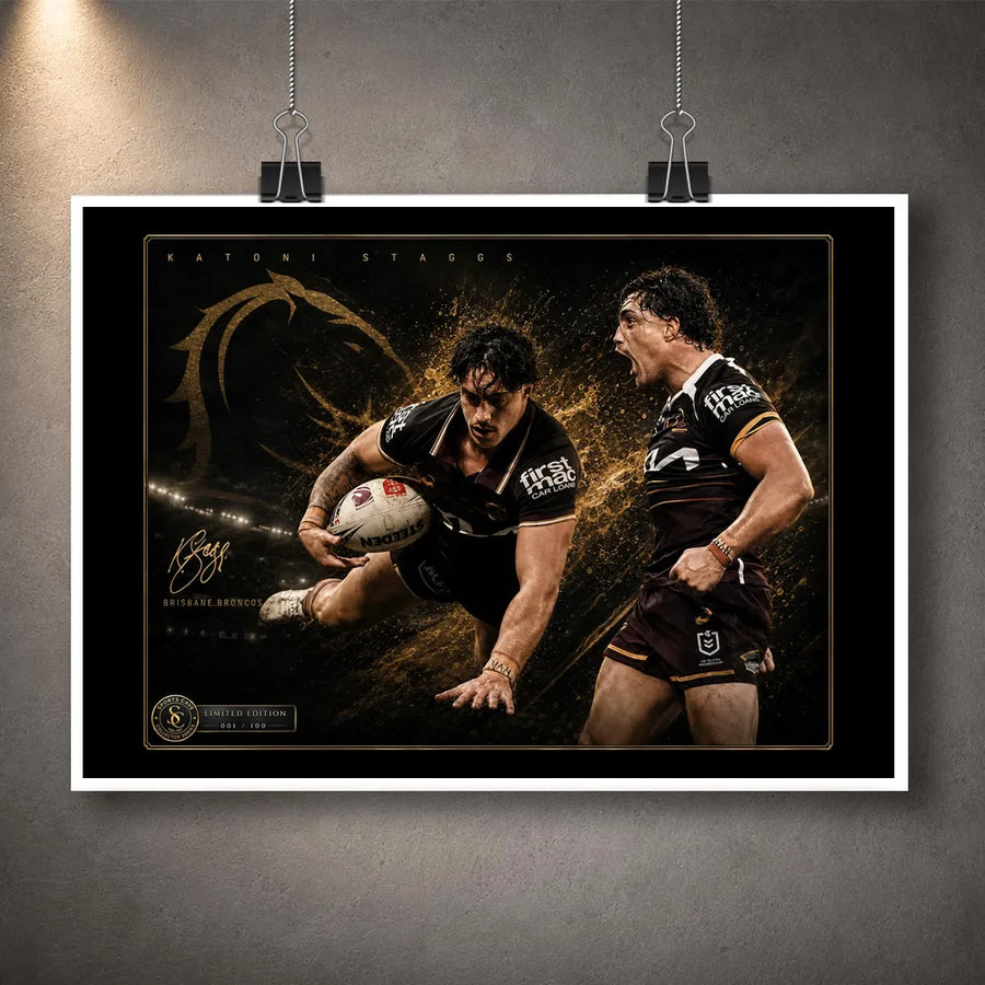 Unframed Kotoni Staggs Brisbane Broncos rugby league wall art print featuring two action portraits on a black and gold design.