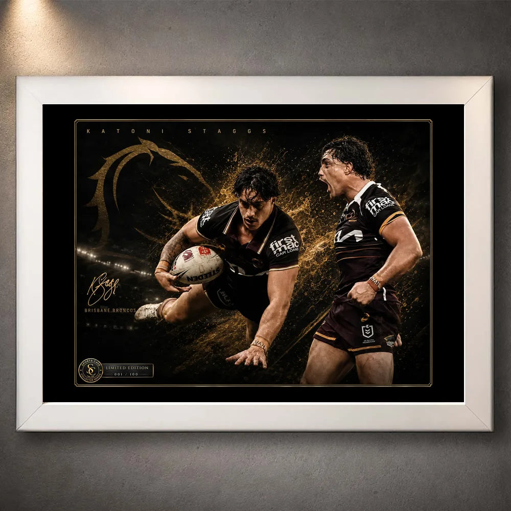 White framed Kotoni Staggs Brisbane Broncos rugby league wall art featuring two action portraits on a black and gold design.