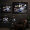 Kyle Larson The Talladega Miracle framed edition sizing guide comparing small, medium, large and extra large dimensions.