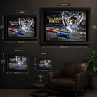 Kyle Larson The Talladega Miracle framed edition sizing guide comparing small, medium, large and extra large dimensions.