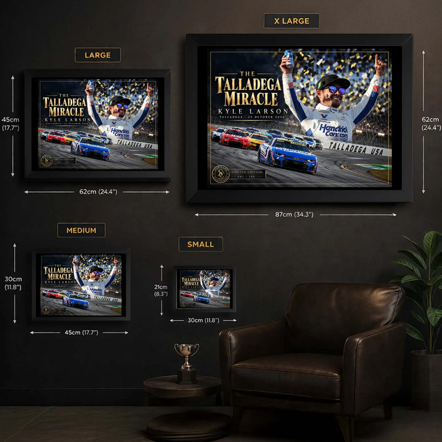 Kyle Larson The Talladega Miracle framed edition sizing guide comparing small, medium, large and extra large dimensions.