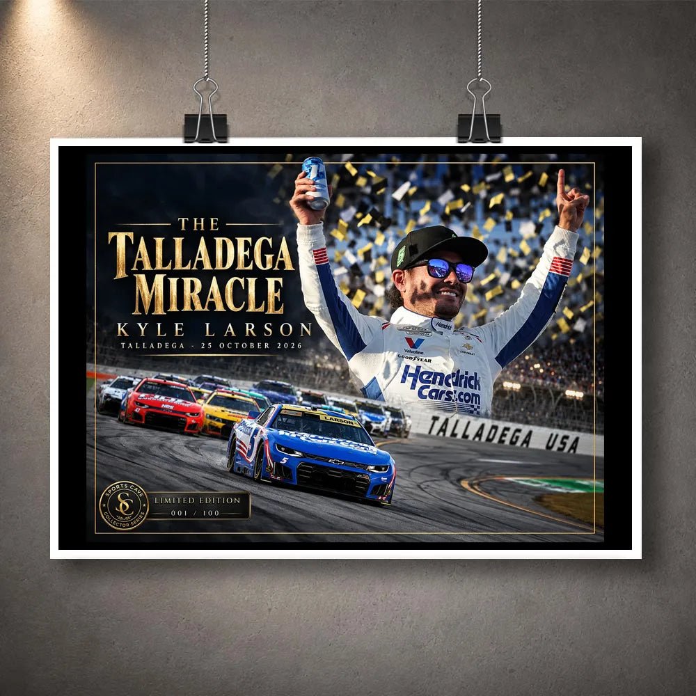 Unframed Kyle Larson The Talladega Miracle NASCAR edition displayed with clips, showing the celebration and No. 5 car.