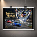 Unframed Kyle Larson The Talladega Miracle NASCAR edition displayed with clips, showing the celebration and No. 5 car.