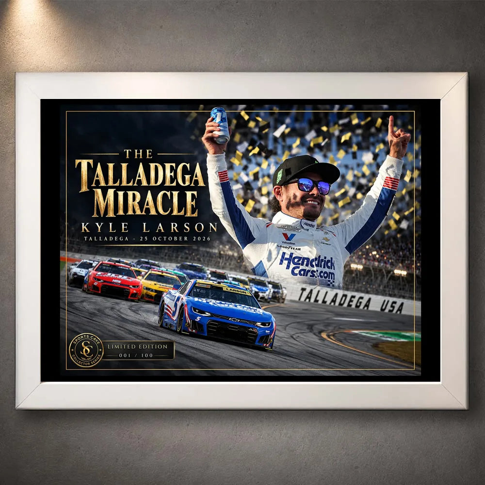 Kyle Larson The Talladega Miracle NASCAR edition in a white frame, showing his celebration and No. 5 Chevrolet.