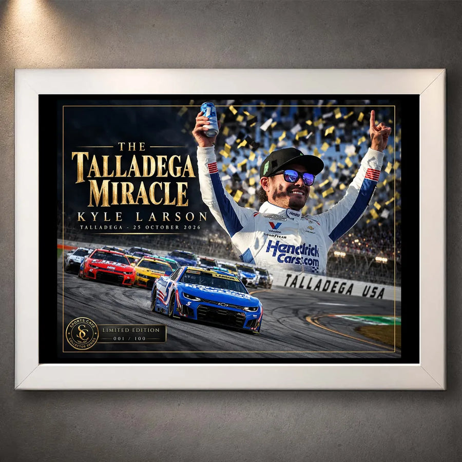 Kyle Larson The Talladega Miracle NASCAR edition in a white frame, showing his celebration and No. 5 Chevrolet.