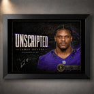 Black framed Lamar Jackson wall art featuring the Unscripted 2019 unanimous NFL MVP tribute for football collectors.