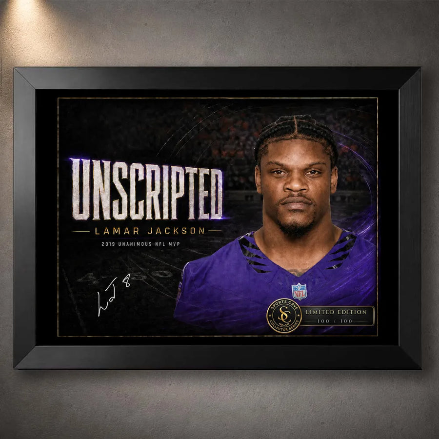 Black framed Lamar Jackson wall art featuring the Unscripted 2019 unanimous NFL MVP tribute for football collectors.