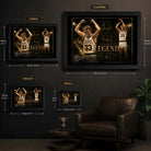 Larry Bird wall art size guide showing small, medium, large, and XL framed dimensions in centimetres and inches.