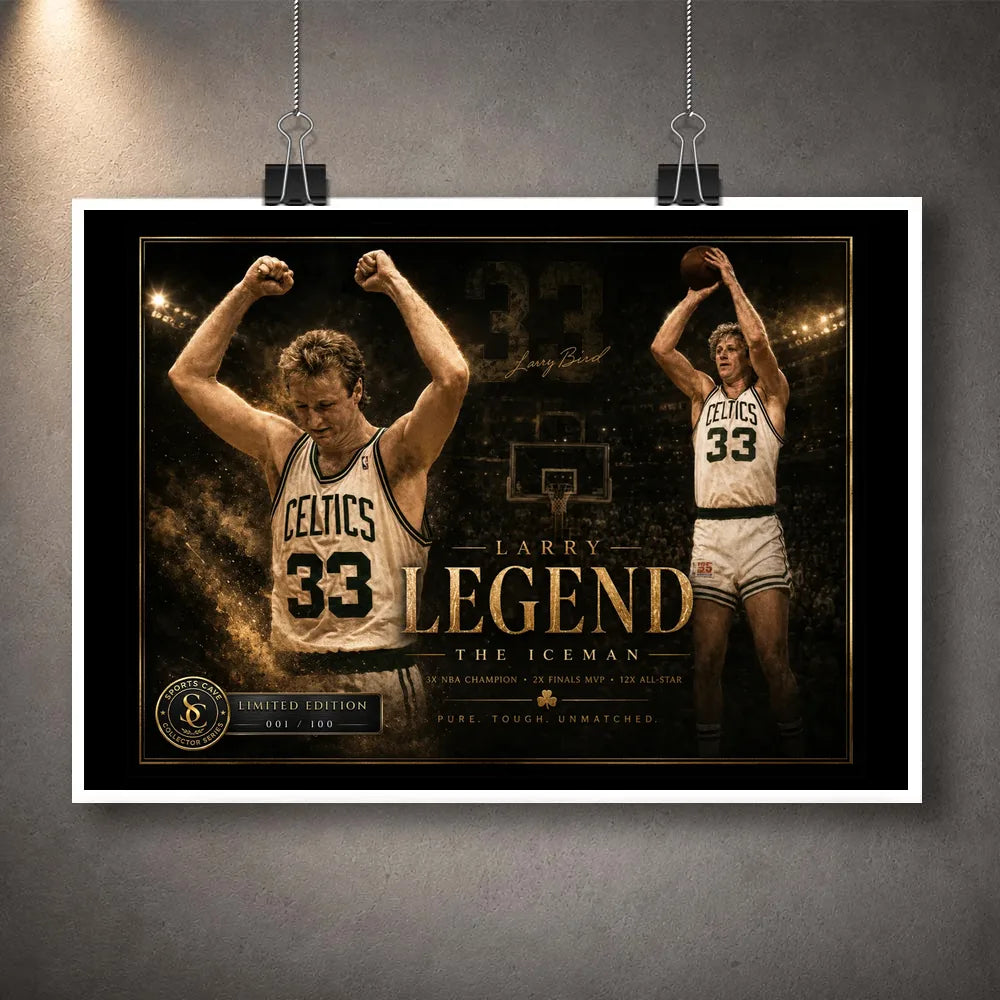 Unframed Larry Bird wall art poster clipped against a textured grey wall with Celtics number 33 tribute artwork.