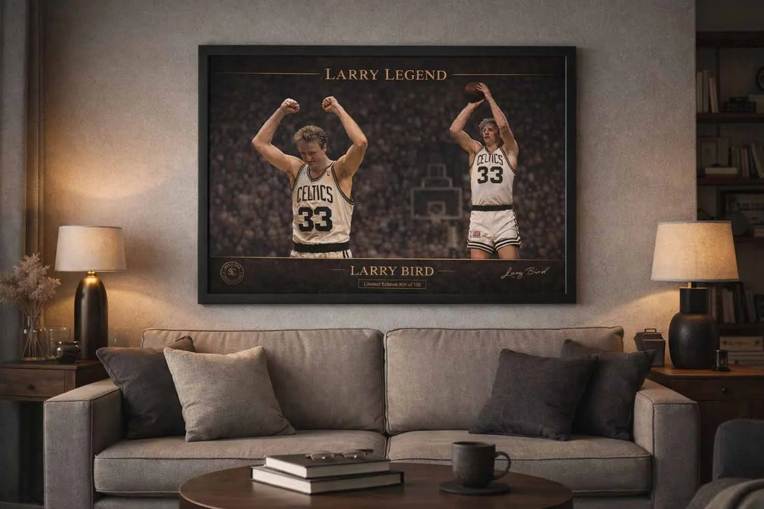 Larry Bird Celtics man cave wall décor displayed in modern living room above neutral sofa.