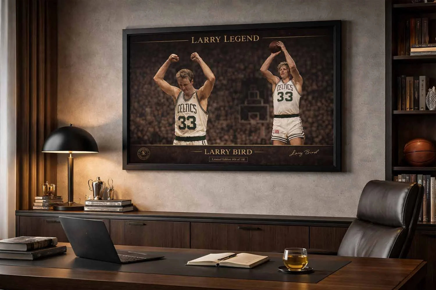 Larry Bird Celtics premium sports collectibles showcased in executive office with warm ambient lighting.