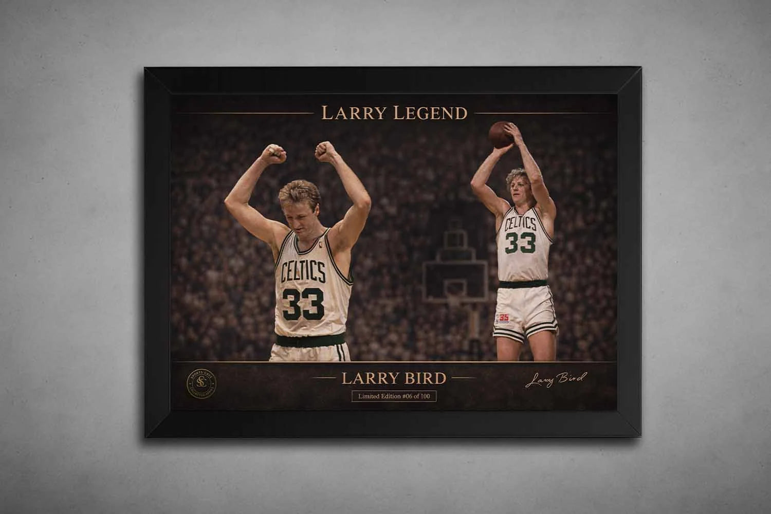 Larry Bird Celtics framed sports art in sleek black frame featuring iconic victory and jump shot moments.