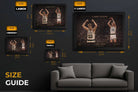 Larry Bird Celtics framed sports art size guide showing small, medium, large, and XL dimensions.