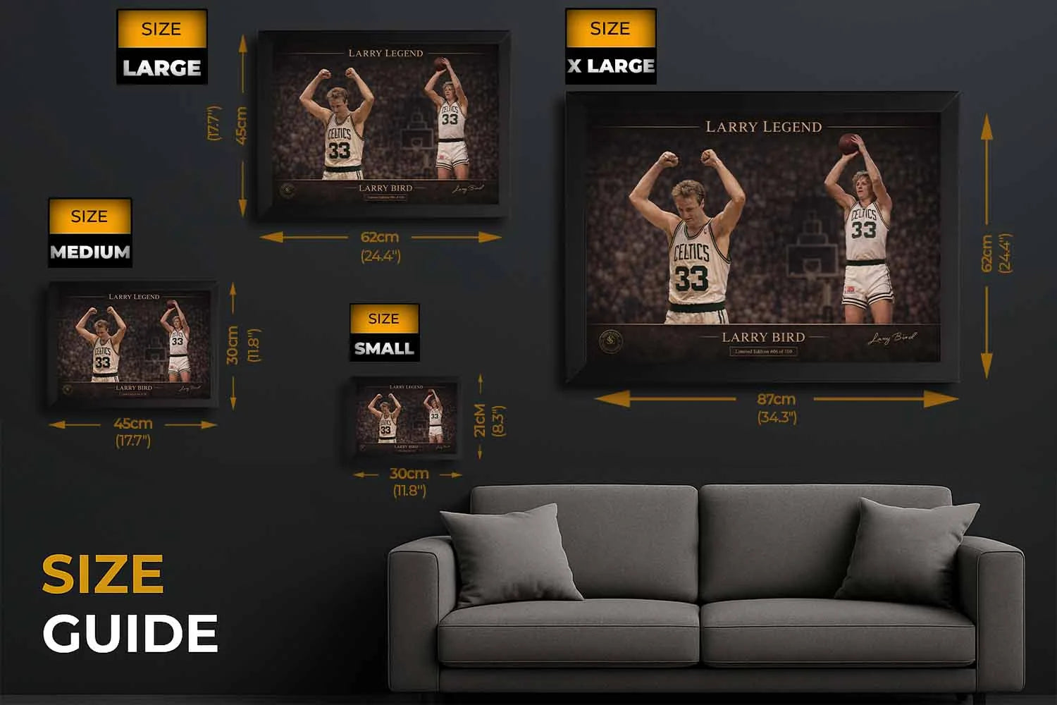 Larry Bird Celtics framed sports art size guide showing small, medium, large, and XL dimensions.