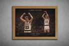 Larry Bird Celtics sports wall art in natural oak frame showcasing classic NBA action photography.