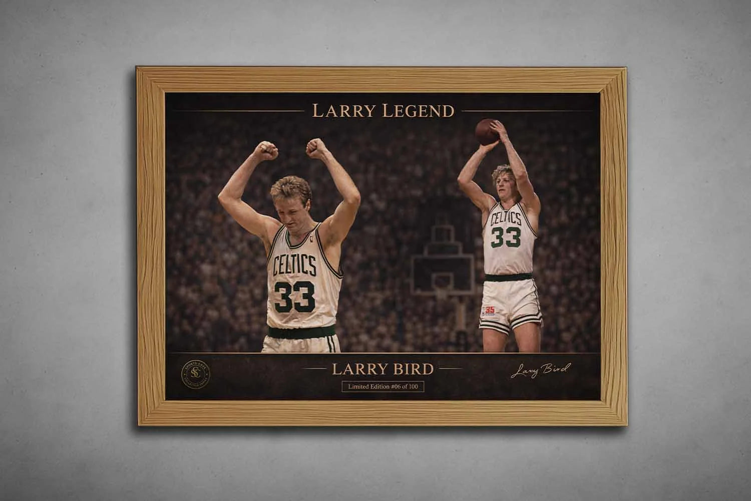 Larry Bird Celtics sports wall art in natural oak frame showcasing classic NBA action photography.
