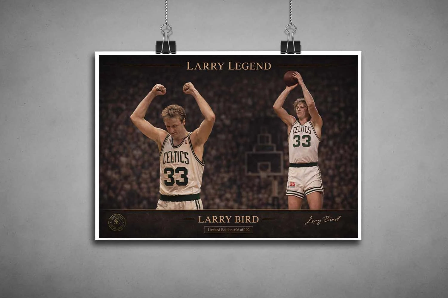 Unframed Larry Bird Celtics limited edition sports prints highlighting iconic NBA victory and jump shot.