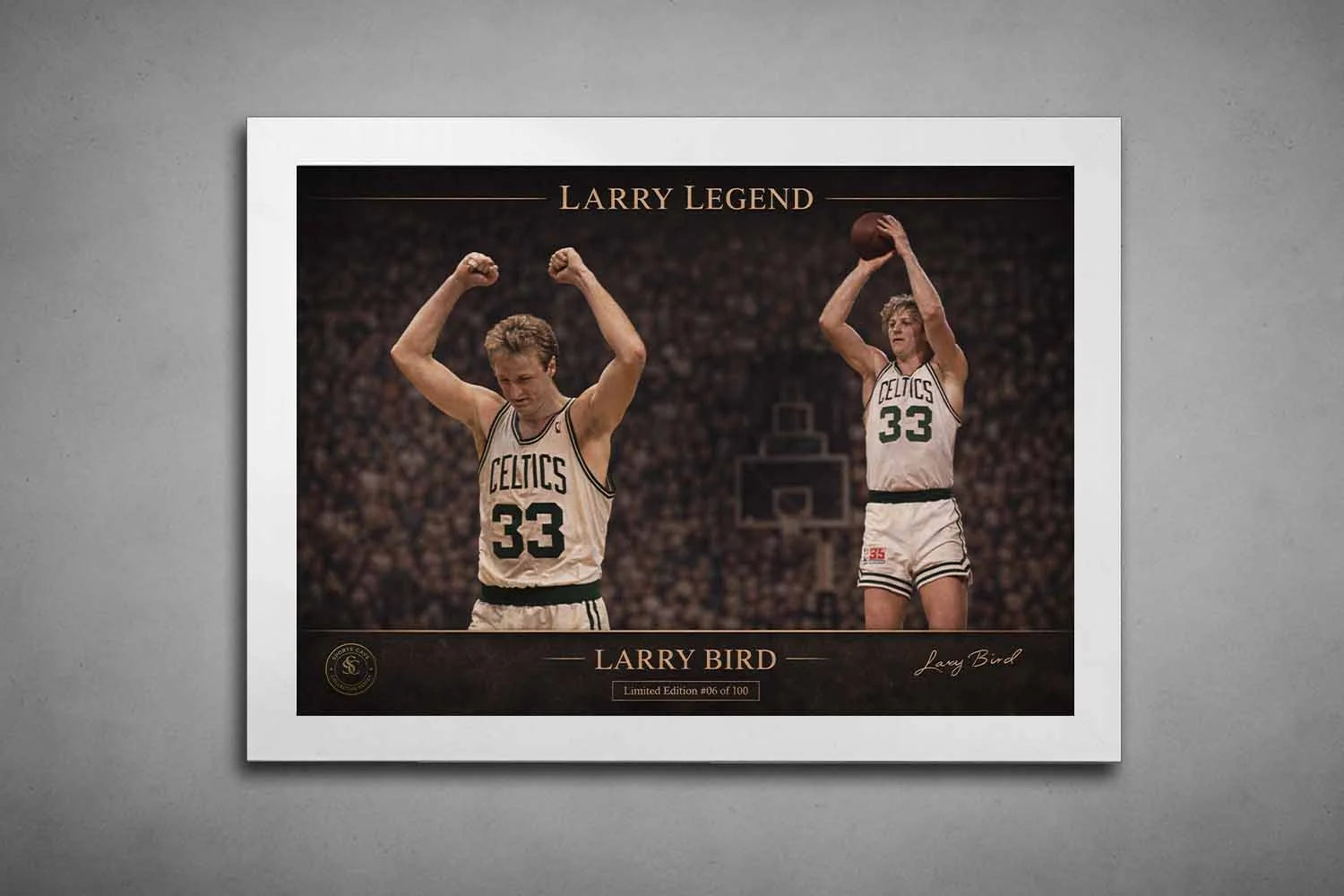 Larry Bird Celtics framed sports memorabilia in white frame with limited edition collector design.