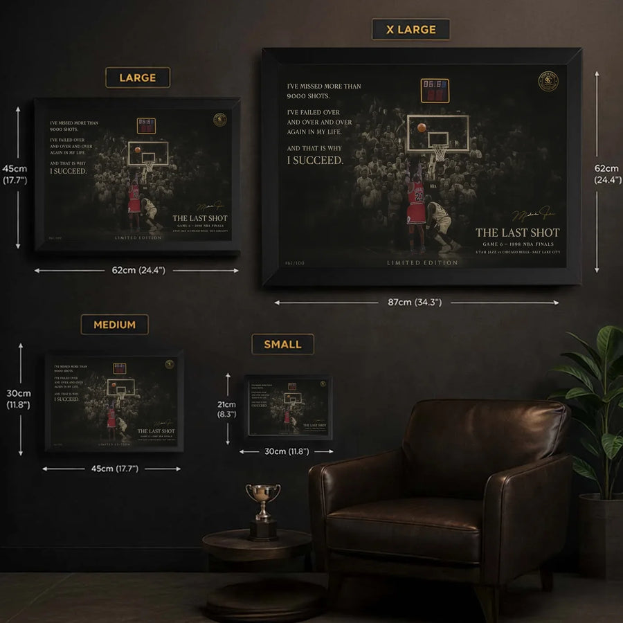 Framed basketball wall art size chart showing four print sizes with centimetre and inch dimensions.