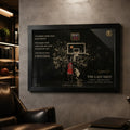 Last shot basketball wall art in a black frame on a textured wall inside a premium fan room.