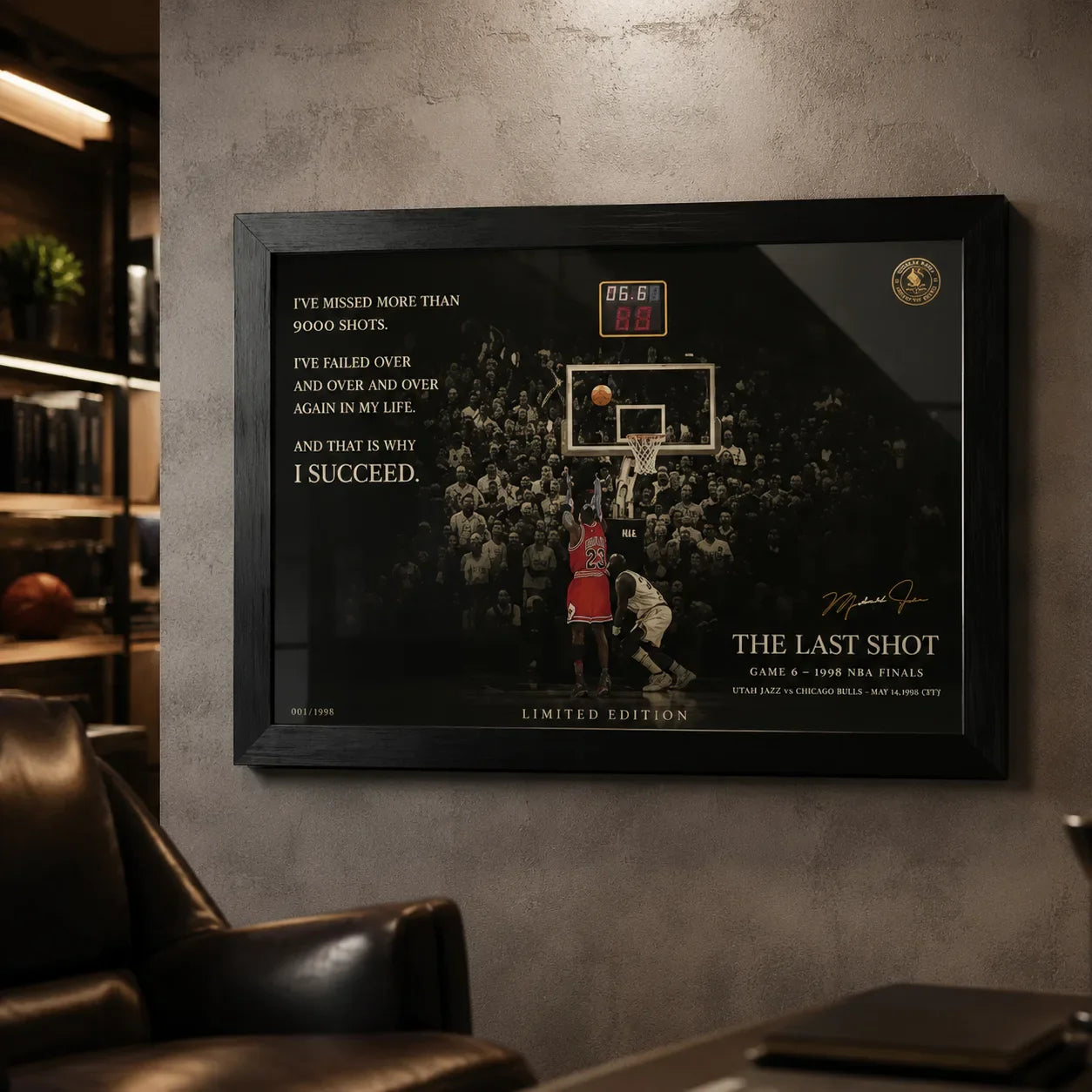 Last shot basketball wall art in a black frame on a textured wall inside a premium fan room.