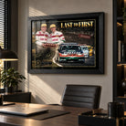 Last to First motorsport wall art displayed in a modern office with a black frame, desk and warm natural light.