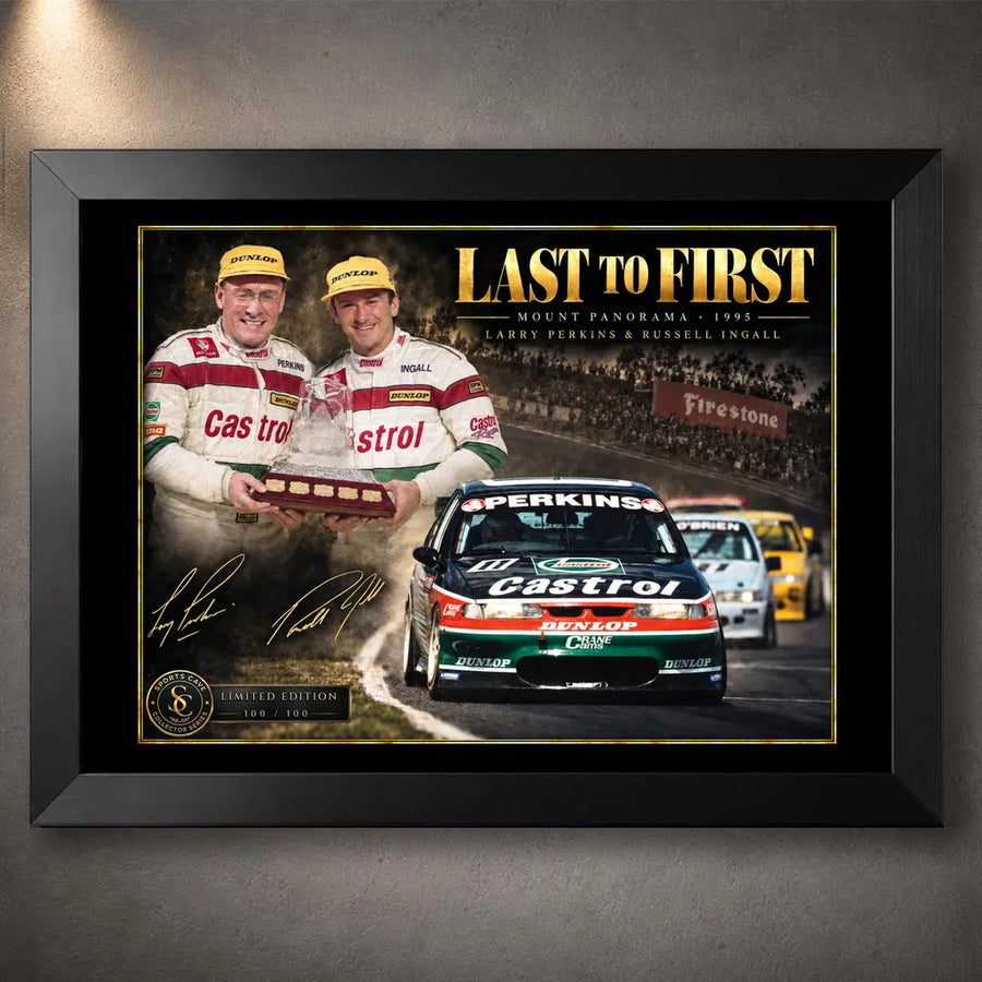 Black framed Last to First motorsport wall art featuring Larry Perkins, Russell Ingall and the Castrol race car.