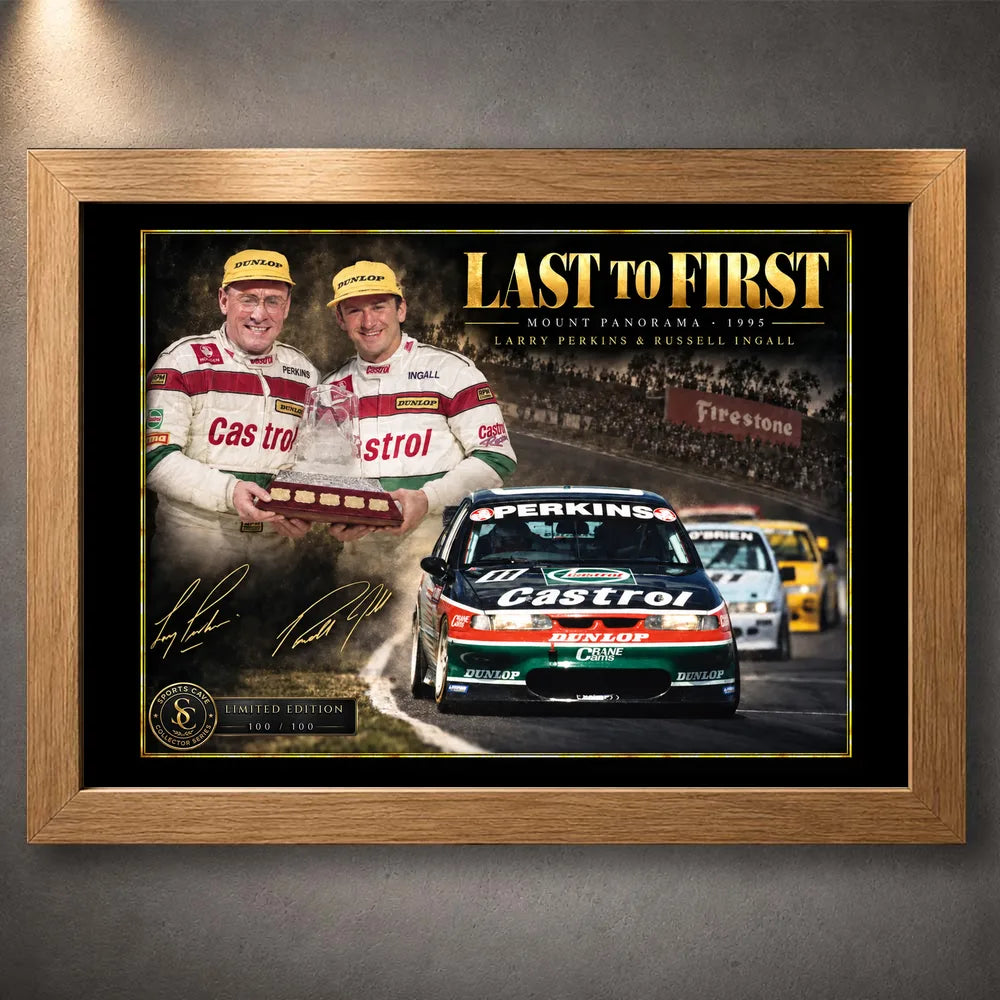 Oak framed Last to First motorsport wall art featuring Larry Perkins, Russell Ingall and the Castrol race car.