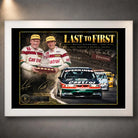 White framed Last to First motorsport wall art featuring Larry Perkins, Russell Ingall and the Castrol race car.