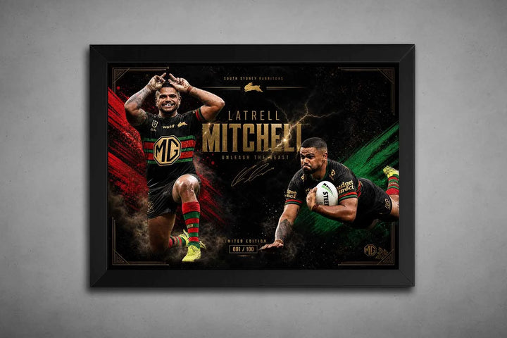 Latrell Mitchell South Sydney Rabbitohs action artwork in black frame, bold rugby league design, premium sports collectibles