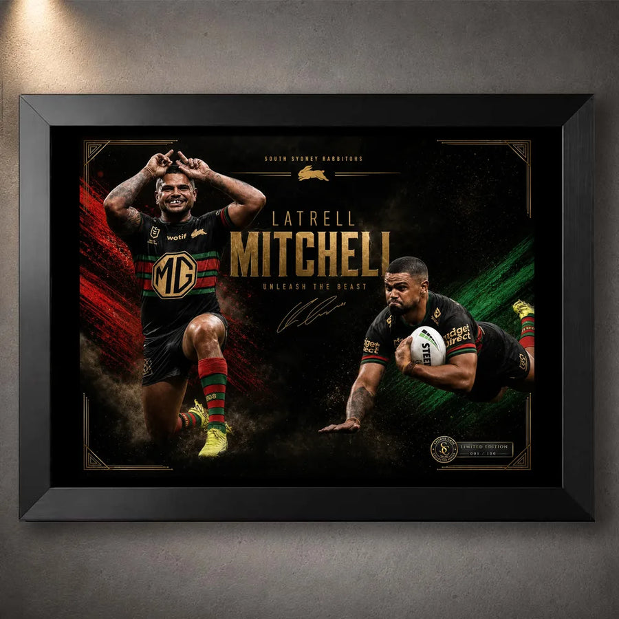 Black framed Latrell Mitchell wall art featuring two action poses in South Sydney colours on a dark red and green design.