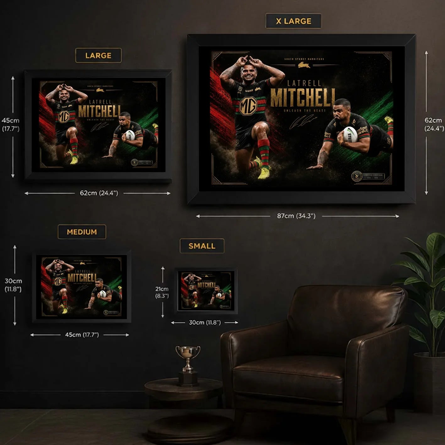 Latrell Mitchell framed wall art size guide showing Small, Medium, Large and X Large dimensions in centimetres and inches.