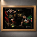 Oak framed Latrell Mitchell wall art featuring two action poses in South Sydney colours on a dark red and green design.