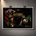 Unframed Latrell Mitchell wall art featuring two action poses in South Sydney colours on a dark red and green design.