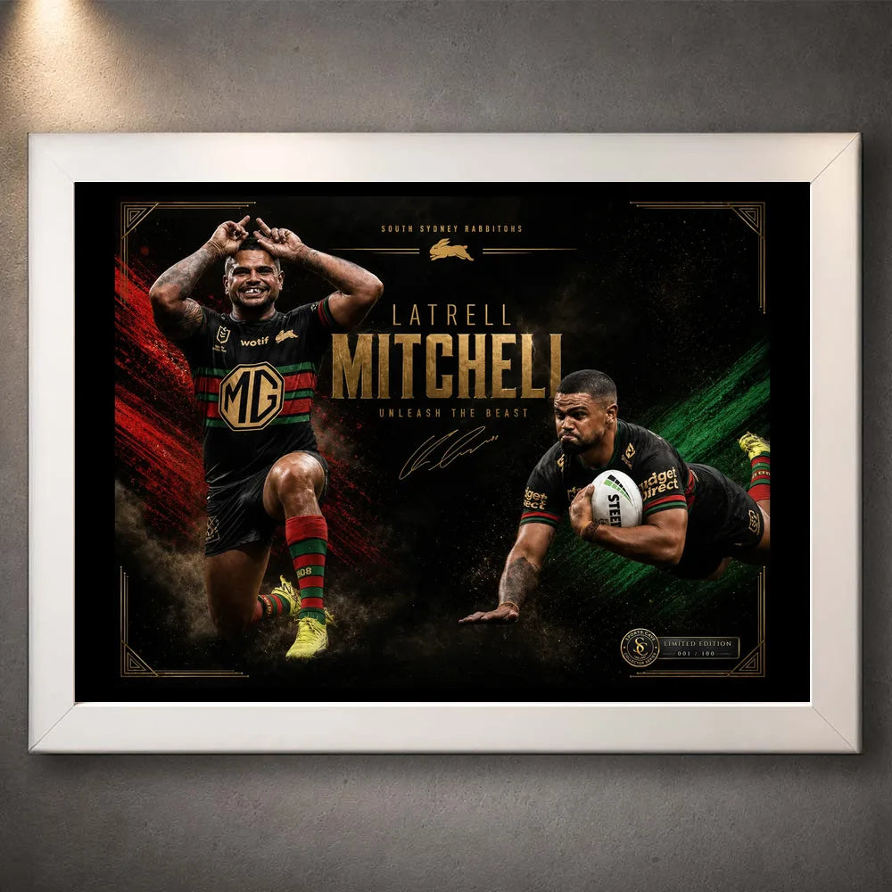White framed Latrell Mitchell wall art featuring two action poses in South Sydney colours on a dark red and green design.