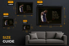 LeBron James USA motivational quote NBA wall art size guide showing small medium large and extra large framed prints above a grey sofa.
