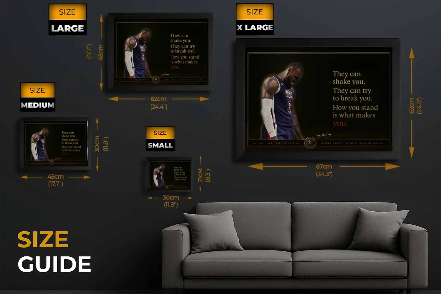 LeBron James USA motivational quote NBA wall art size guide showing small medium large and extra large framed prints above a grey sofa.
