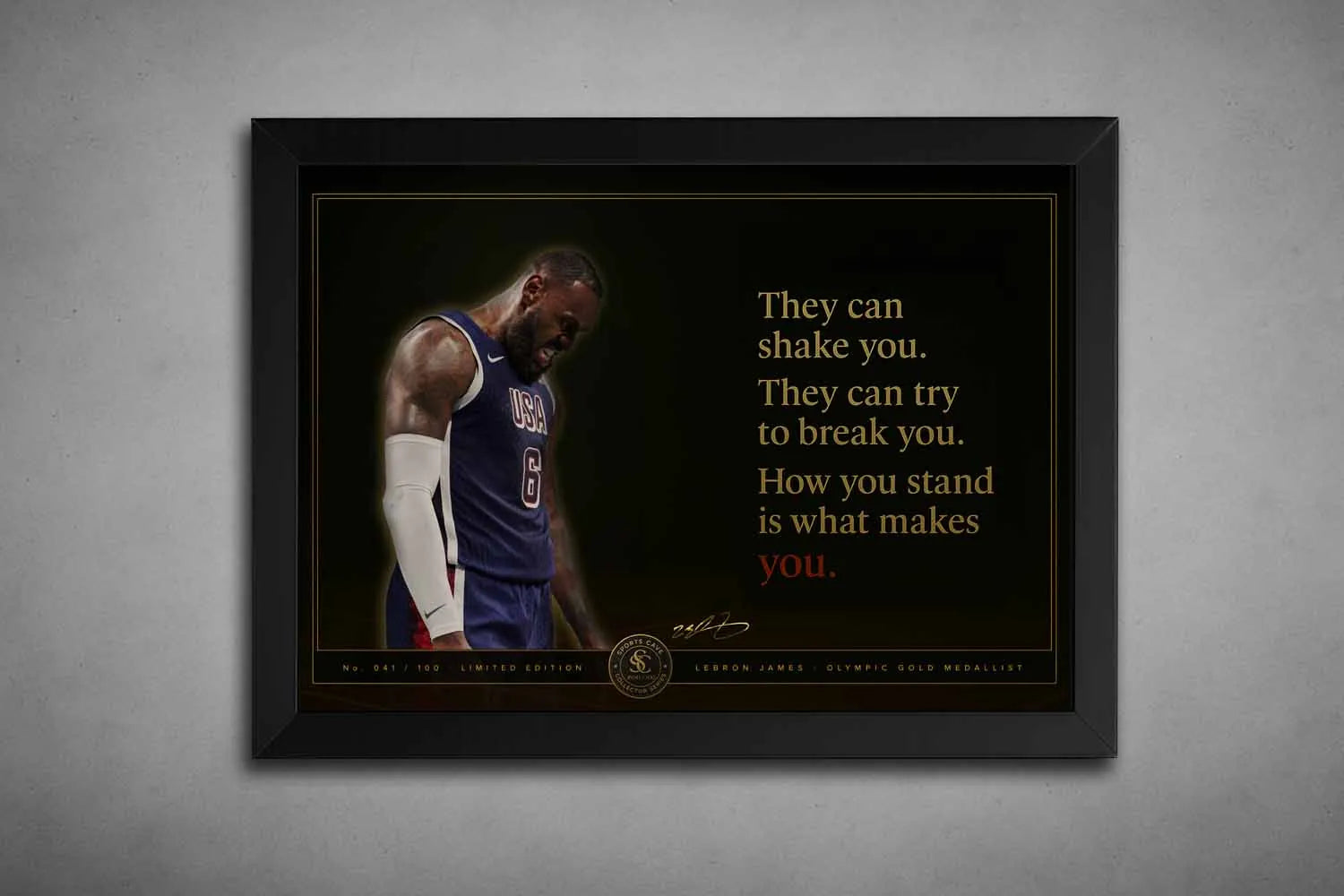 LeBron James USA motivational quote black framed NBA wall art on a grey wall limited edition basketball print by Sports Cave.