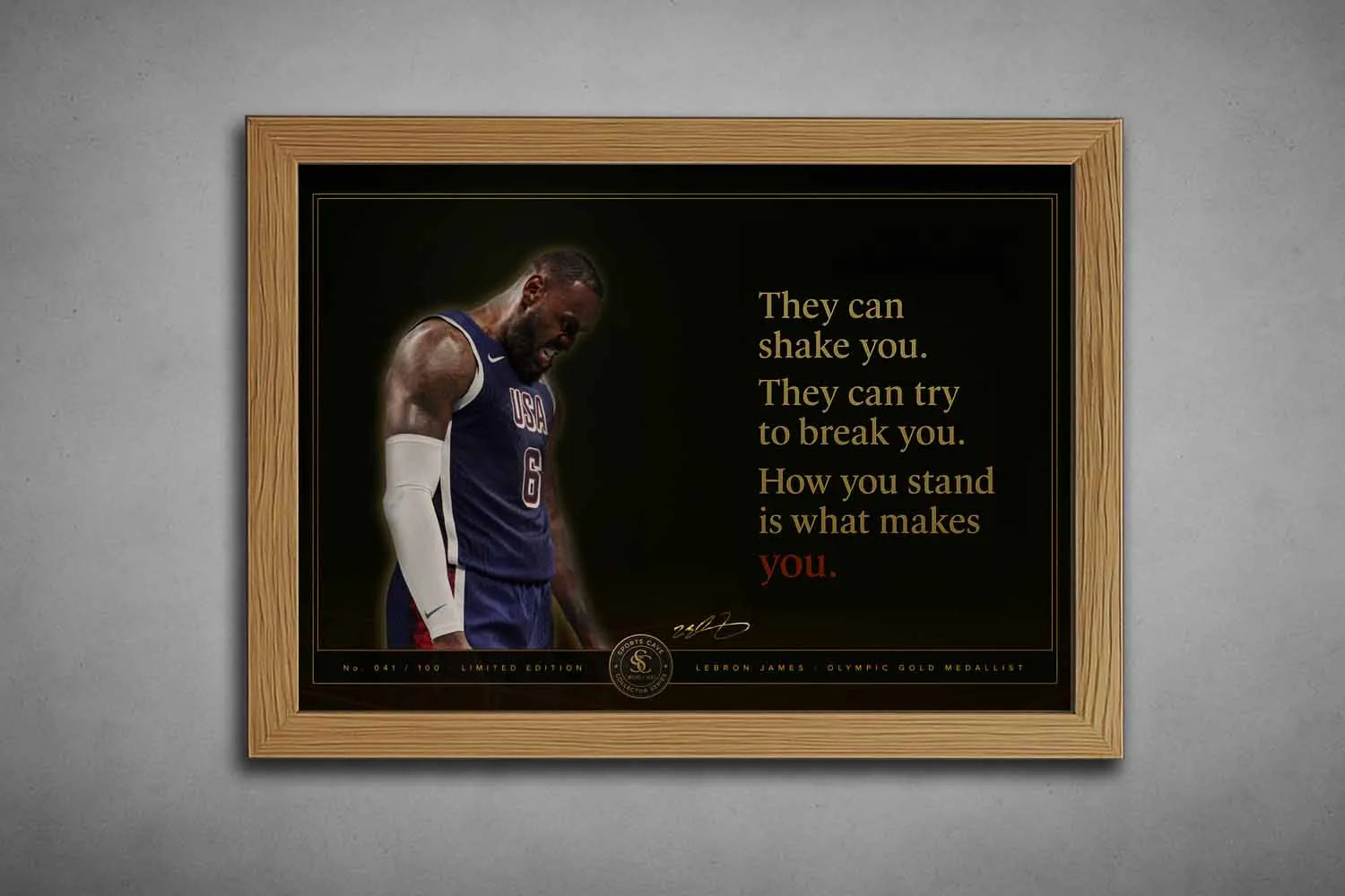 LeBron James USA motivational quote oak framed NBA wall art premium basketball print for sports fans.