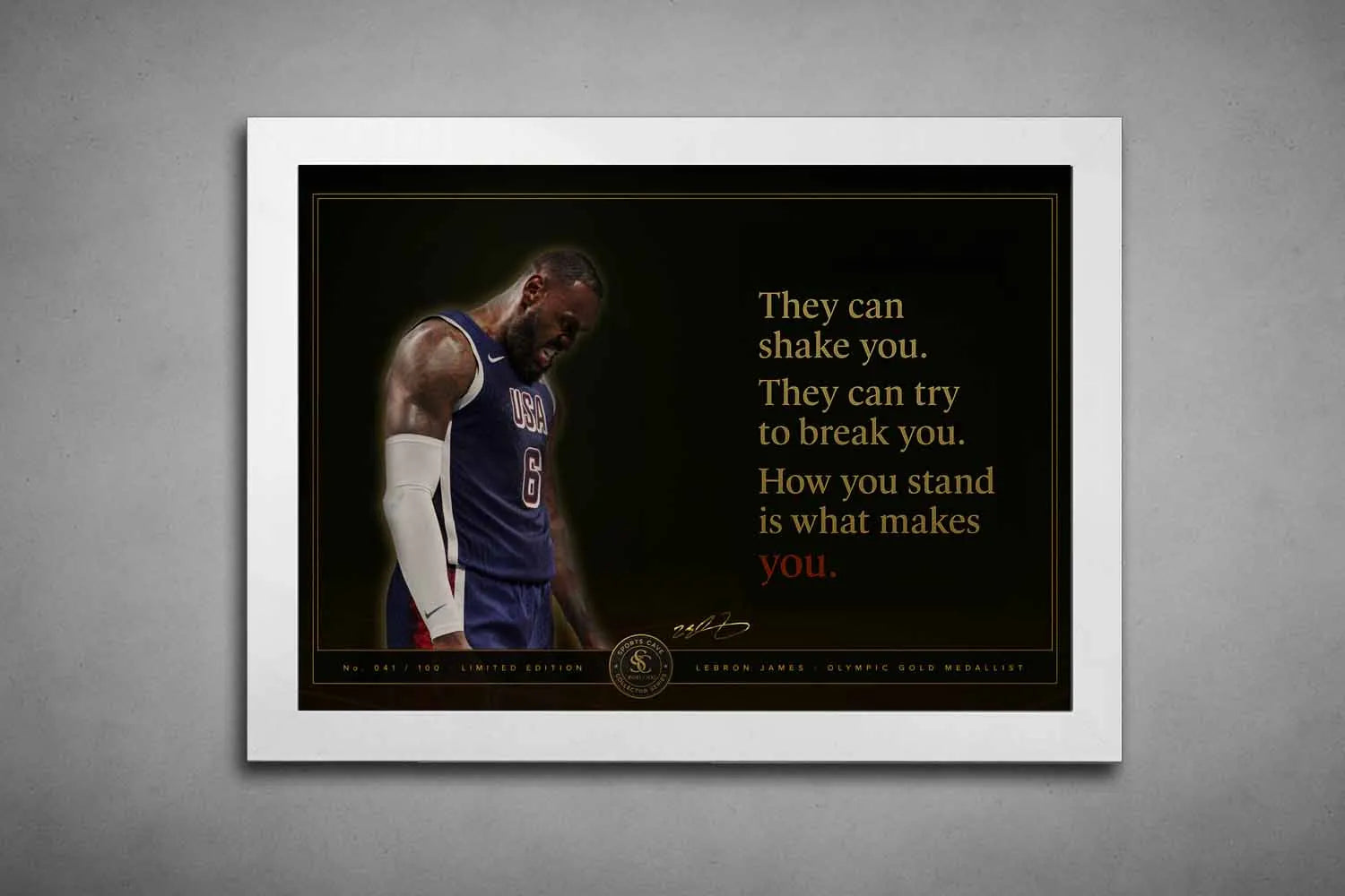 LeBron James USA motivational quote white framed NBA wall art clean modern basketball decor for home or office.