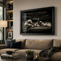 Jackie Robinson Legacy in Motion baseball wall art displayed above a neutral sofa in a warm living room