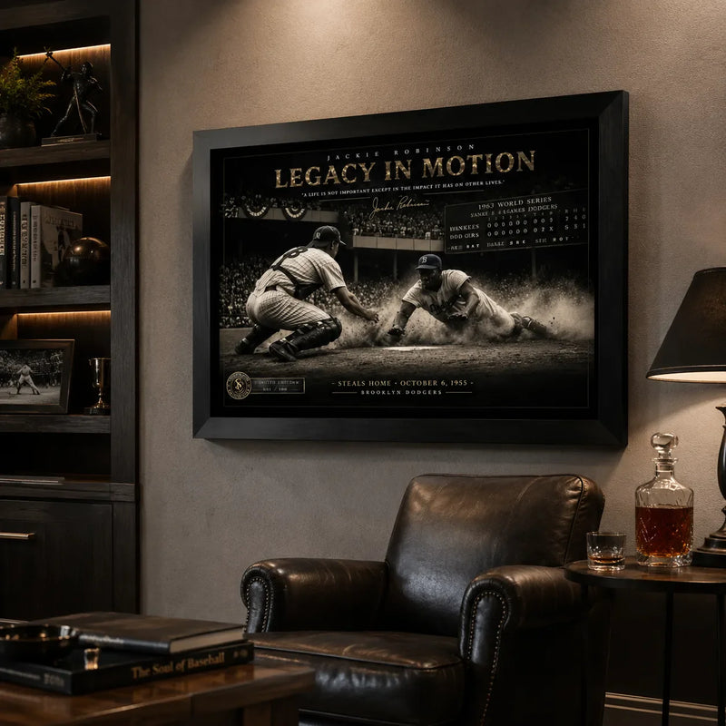 Black framed Jackie Robinson Legacy in Motion baseball wall art in a dark man cave with leather seating
