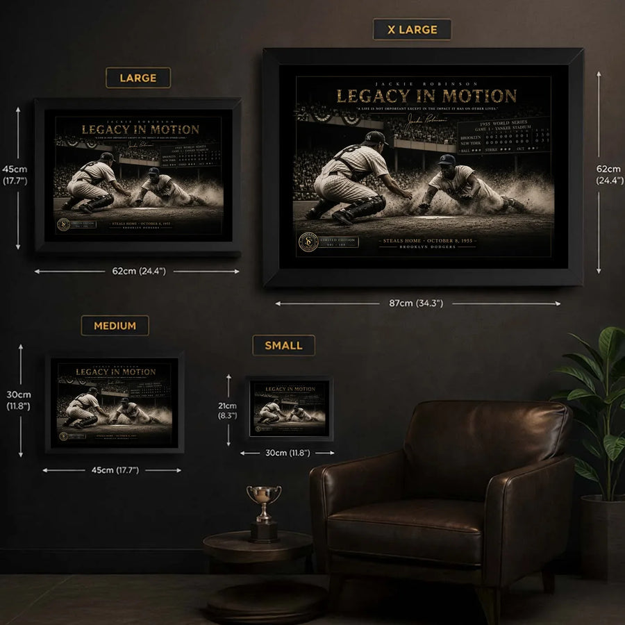 Jackie Robinson Legacy in Motion framed baseball wall art size guide showing Small Medium Large and XL dimensions