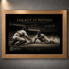Oak framed Jackie Robinson Legacy in Motion baseball wall art depicting his historic steal of home