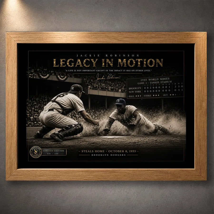 Oak framed Jackie Robinson Legacy in Motion baseball wall art depicting his historic steal of home