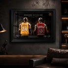 Framed Kobe Bryant vs Michael Jordan NBA wall art displayed in a premium man cave