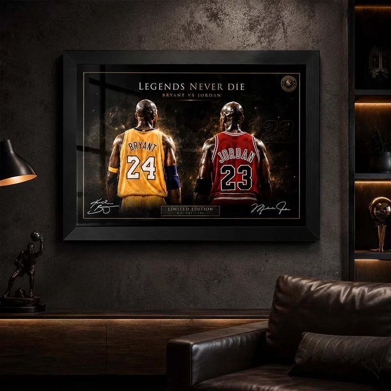 Framed Kobe Bryant vs Michael Jordan NBA wall art displayed in a premium man cave