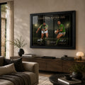 Meninga vs Stuart wall art displayed in a warm living room above a timber console with soft natural light.